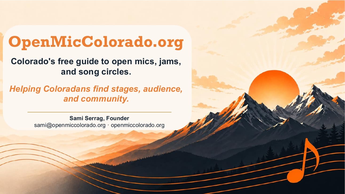 Open Mic Colorado: Colorado's free guide to open mics, jams, and song circles. Helping Coloradans find stages, audience, and community.