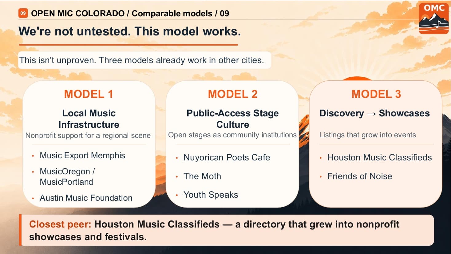 Comparable models: local music infrastructure nonprofits, public-access stage culture, and discovery-to-showcase models already work in other cities.